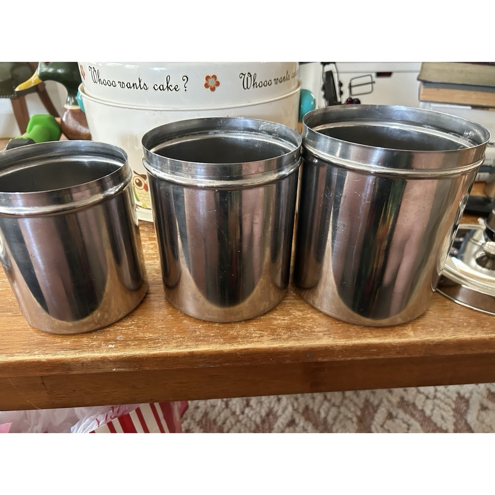Vintage Stainless Steel Canister Set of 3 w/ Lids MCM Kitchen Storage NESTING